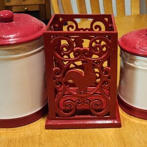 Red Rooster Metal Utensil Holder And Canisters